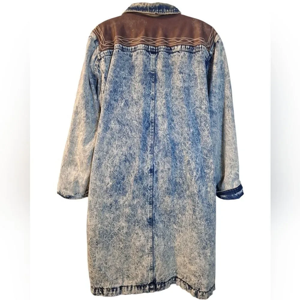 Izzi vintage 80s stone washed denim with leather accents long jacket/coat L - Picture 4 of 14